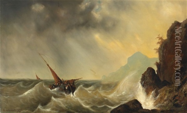 A Ship In Rough Seas Oil Painting - Andreas Achenbach