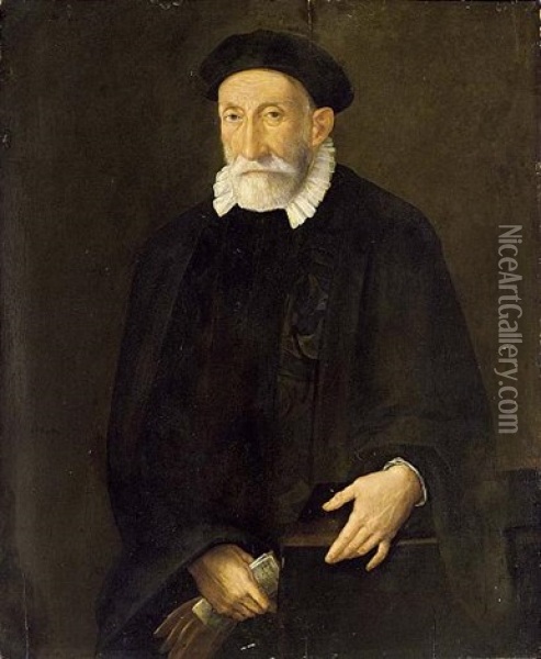 A Portrait Of A Bearded Gentleman, Three-quarter Length, Wearing A Black Suit With White Lace Collar And A Black Cap, Leaning On A Desk And Holding A Letter And Gloves In His Right Hand Oil Painting - Giovanni Battista Moroni