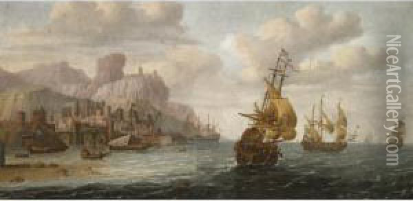 Dutch And English Shipping Off A Mediterranean Port Oil Painting - Anthony Jansz van der Croos