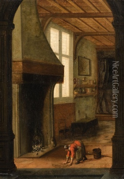 Interior Scene With A Woman Cleaning Oil Painting - Jacobus Vrel