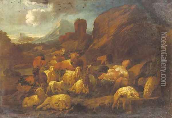 A shepherdess and child resting with her herd in an mountainous Italianate landscape Oil Painting - Philipp Peter Roos