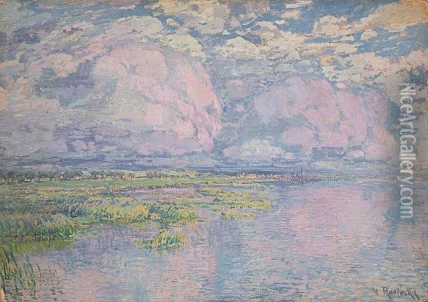 Pink Clouds Over A Marshy River Landscape Oil Painting - Vaclav Radimsky