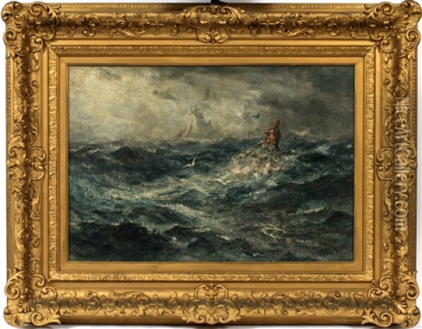 Rough Seas With Rocks, Buoy & Gul Oil Painting - Robert B. Hopkin