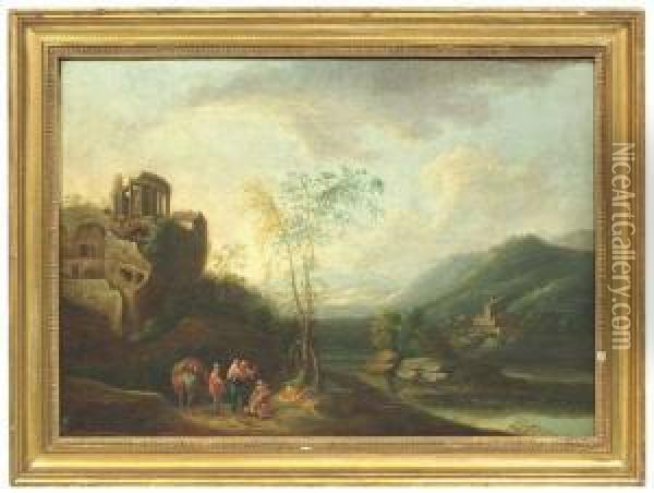Arcadian River Landscape With Ruins Of A Temple Oil Painting - Johann Christian Brand