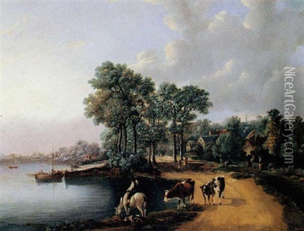 A River Landscape With Figures Loading Oil Painting - Johannes Hermanus Barend Koekkoek