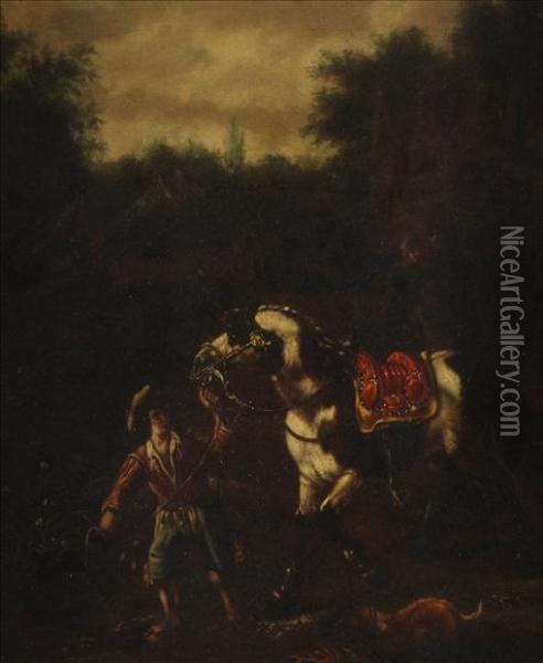 A Peasant Leadinghis Horse Oil Painting - Pieter Wouwermans or Wouwerman
