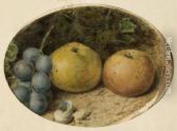 Still Life Of Apples And Grapes On A Mossybank Oil Painting - William Henry Hunt