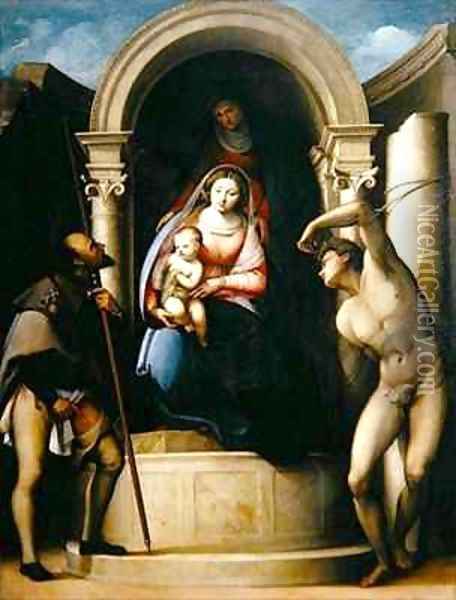 The Virgin and Child with St Anne between St Roch and St Sebastian Oil Painting - Sebastiano Florigerio