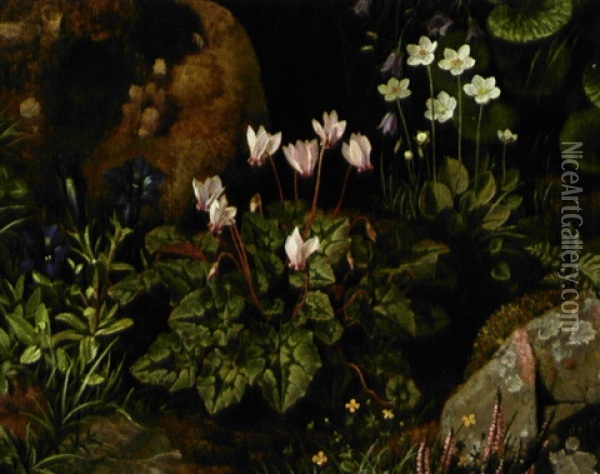 Blomstrende Skovbund Med Alpevioler Og Lyng Oil Painting - Otto Didrik Ottesen