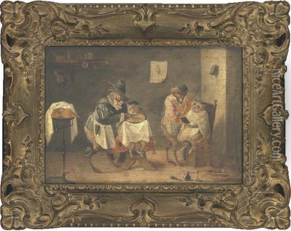 A Monkey Barber Shop Oil Painting - David The Younger Teniers