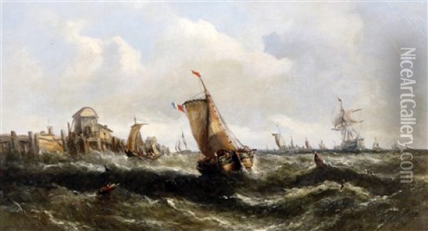 Shipping In Rough Seas Oil Painting - William Callcott Knell