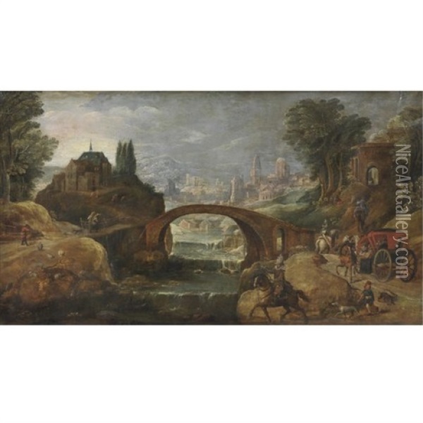 View Of The Outsksirts Of A Town With Elegant Travellers Along The Banks Of A River Oil Painting - Pieter Meulener