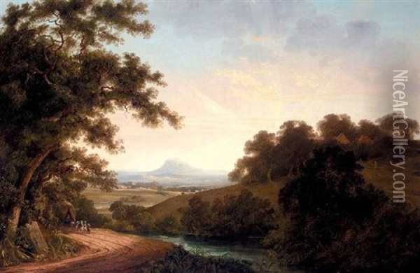 A Horse And Carriage On A Path In A River Landscape Oil Painting - Thomas Jones