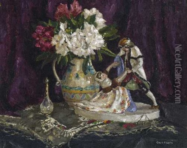 Porzellanfigur Und Rhododendron Oil Painting - Karl Johann Nikolaus Piepho
