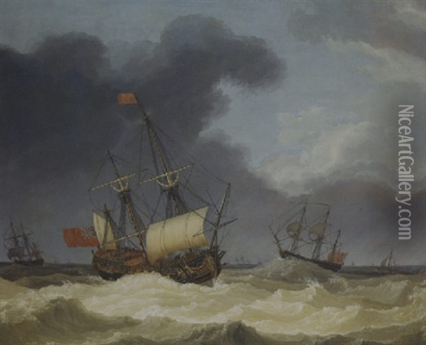 English Frigates In Rough Seas Oil Painting - Jacob Philipp Hackert