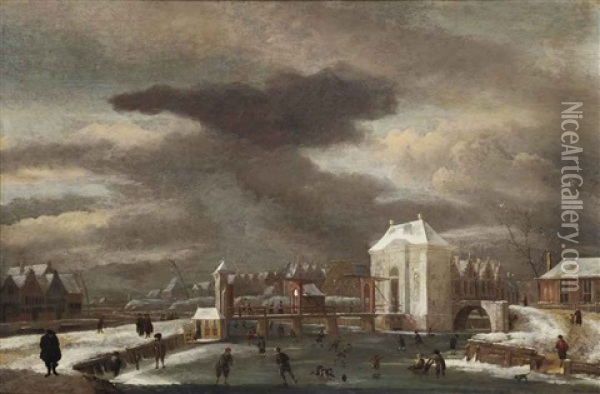 A Winter Landscape With A View Of The Heiligewegpoort, Amsterdam, With Figures Skating On The Singel Oil Painting - Jan van Kessel the Younger