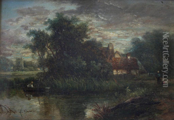 Figure In A Punt Near Cottages, Two Figures On A Path Nearby Oil Painting - Charles Greville Morris