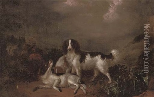 Spaniels Playing In A Landscape Oil Painting - Adriaen de Gryef