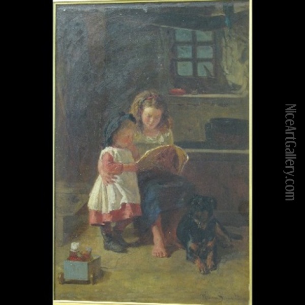 Cottage Interior With Two Children Reading A Book, A Dog Laid By Their Side Oil Painting - William Stewart