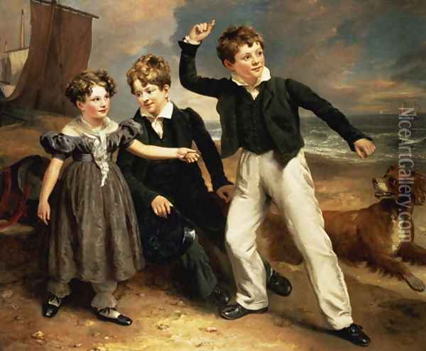A Group Portrait of Robert, James and Mary Sarah, the three children of James Greenhalgh, 1803 Oil Painting - Ramsay Richard Reinagle