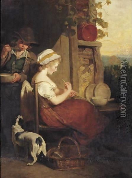 A Young Lady Seated Outside A Cottage Mending A Net, With A Young Boy Behind Eating From A Bowl, The Industrious Cottager Oil Painting - Francis Wheatley