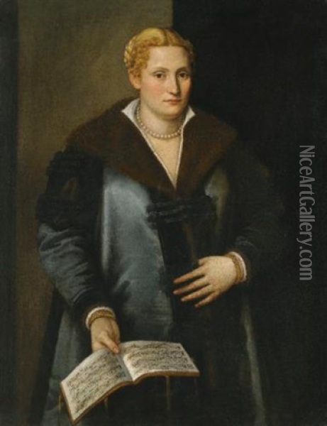 Portrait Of A Diva, Said To Be Artemisia Roberti, Three Quarter Length, Wearing A Fur-lined Coat, Pearls, And Holding A Musical Score Oil Painting - Micheli Parrasio