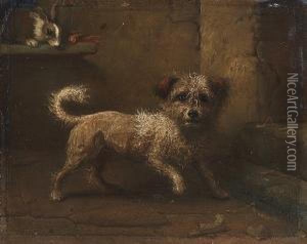 Interior With Terrier And Rabbit; Portrait Of A Dog On A Red Cushion Oil Painting - Felix Van Den Eycken