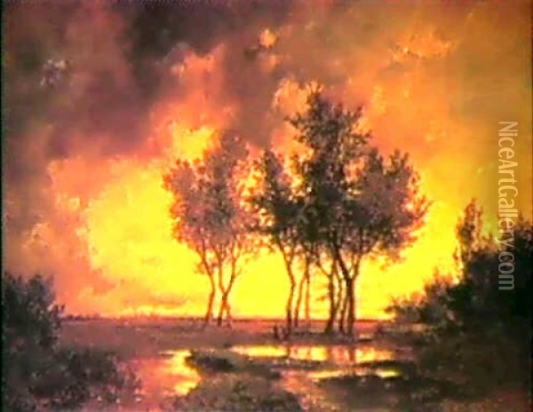Figures In A Landscape At Sunset Oil Painting - Remigius Adrianus van Haanen