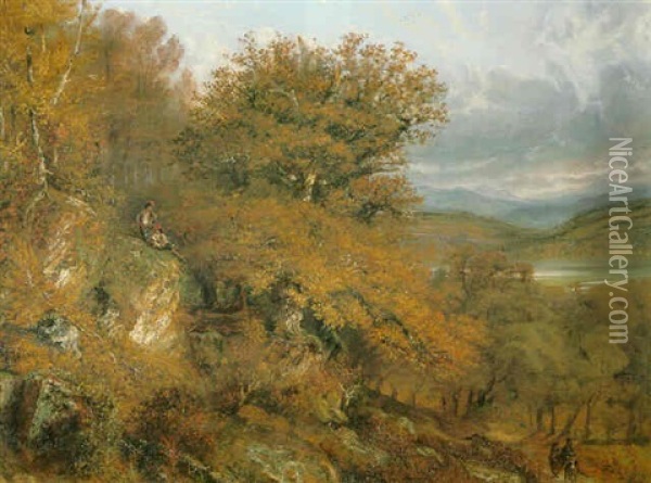 Figures In An Autumnal Lake Landscape Oil Painting - Paul Huet