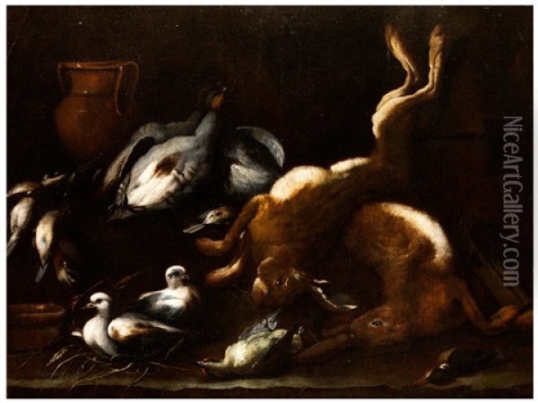 Stilleben Mit Einem Paar Erlegter Feldhasen Zwischen Geflugel Und Zwei Lebenden Tauben Oil Painting - Angelo Maria Rossi