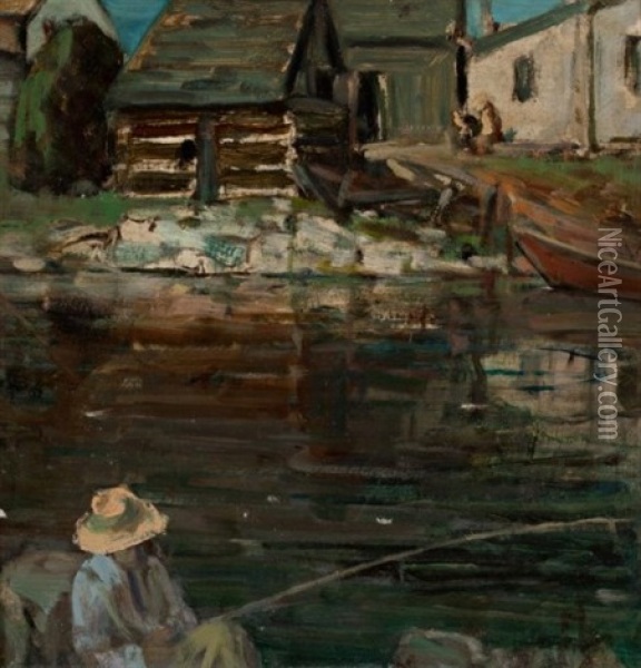 Boy Fishing Oil Painting - Peleg Franklin Brownell