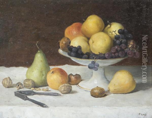 Natura Morta Di Frutta Con Vaso. Oil Painting - Pietro Leidi