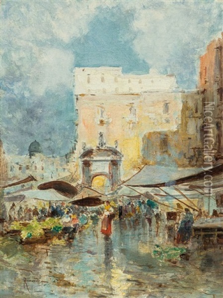 Napoli, Fontana Dei Serpi Oil Painting - Oscar Ricciardi