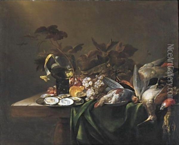 Still Life With Game Birds, A Plate Of Oysters, And Grapes All Resting On A Draped Table Oil Painting - Michiel Simons