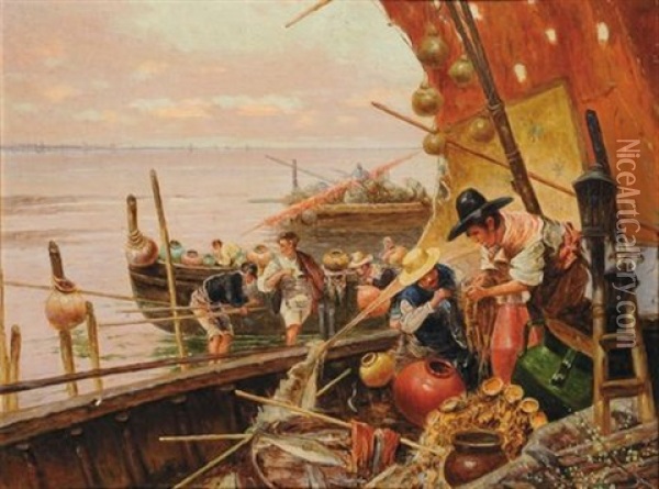 Scena Di Mercato Sulle Barche Oil Painting - Riccardo Pellegrini