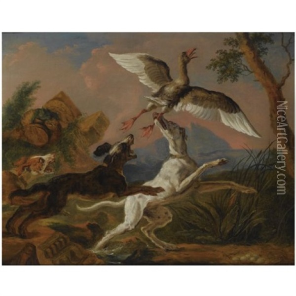 Three Hounds Chasing A Nesting Wild Goose In A Hilly Landscape Oil Painting - Abraham Danielsz Hondius