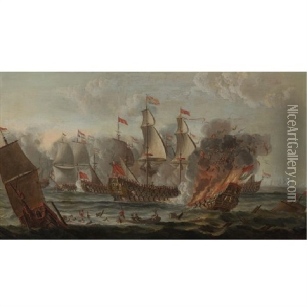 The Battle Of Lowestoft, The Second Dutch War Oil Painting - Adriaen Van Diest