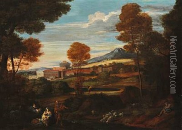 Italian Landscape With The Flight Into Egypt Oil Painting - Nicolas Poussin