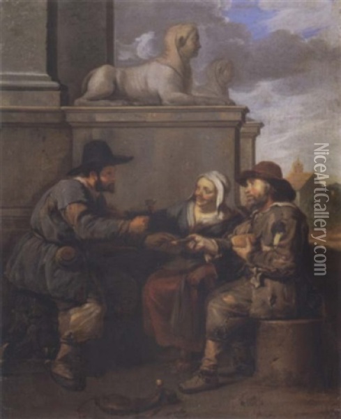Exterior Scene With Three Peasants Eating And Drinking Oil Painting - Johannes Lingelbach
