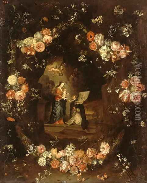 Madonna with the Child and St Ildephonsus Framed with a Garland of Flowers Oil Painting - Jan van Kessel