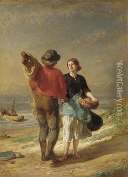 A Romantic Encounter On The Coast Oil Painting - Vital De Gronckel