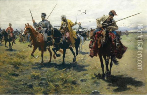 The Capture Of A Caucasian Chief Oil Painting - Jozef Von Brandt