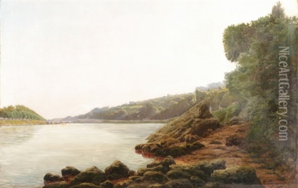 Flusslandschaft Mit Brucke Im Hintergrund Oil Painting - Claudius Peyrache