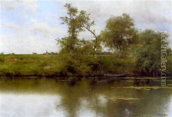 A Tranquil River Landscape With Waterlilies In The Foreground Oil Painting - Emilio Sanchez-Perrier