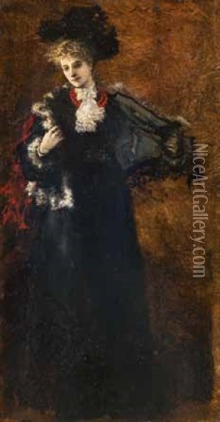 Junge Frau In Schwarzem Kleid, Mit Spitzenschleife Und Korallenkette Oil Painting - Albert von Keller