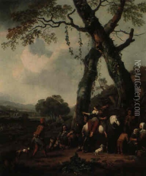 Landscape With Peasants And Hunters Halted By Two Trees Oil Painting - Johannes Lingelbach