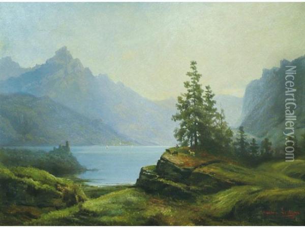 Paysage Au Lac Oil Painting - Theodore Levigne