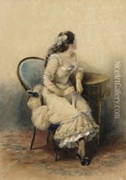 A Young Lady Sitting At A Table Oil Painting - Eugene Charles Picou