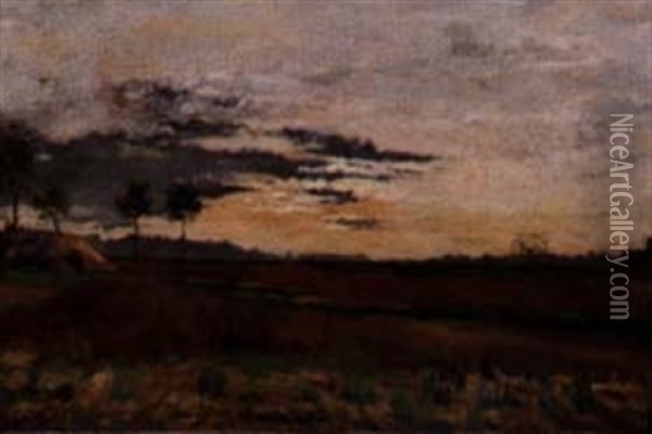 Sunset Over Field With Windmill Oil Painting - Paul Emile Raissiguier