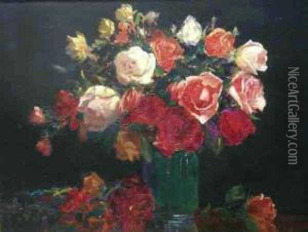 Still Life Roses In A Bowl Oil Oil Painting - Augustus William Enness